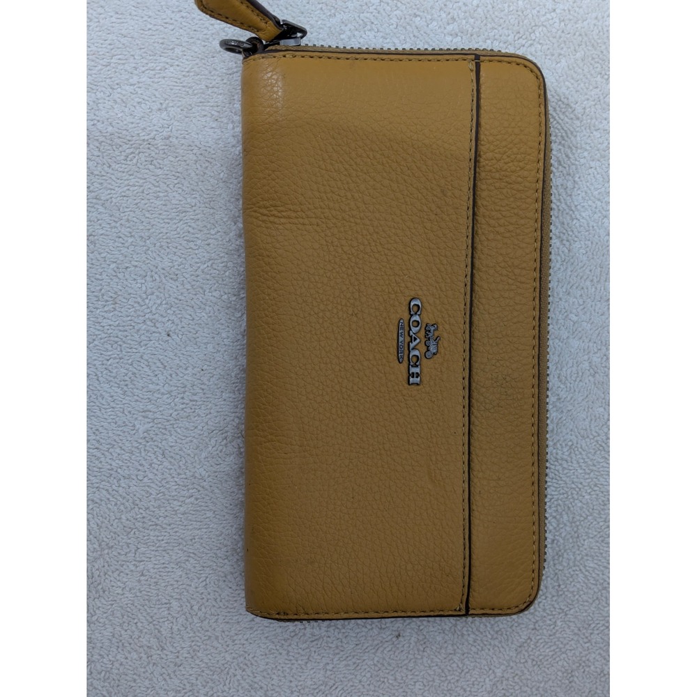 Coach Accordion Zip Wallet Mustard Yellow Pebbled Leather Wristlet Clutch